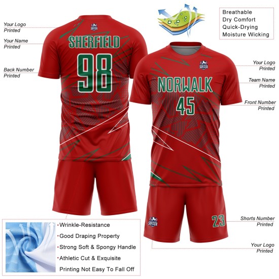Red Sublimation Soccer Green-White Sports Jersey Lines Uniform Custom Kelly