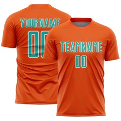 Custom Orange Uniform Sublimation Soccer Jersey Geometric Sports Shape Aqua-White
