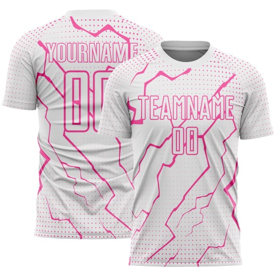 Custom Soccer White Uniform Jersey Sublimation Pink Lightning Sports